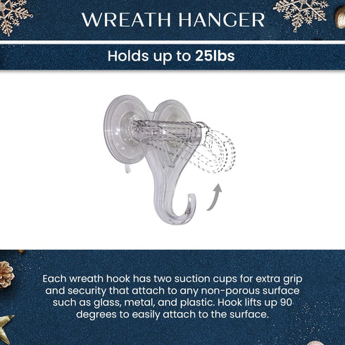 Lites-Up Heavy Duty Double Suction Cup Hook Reusable Wreath Hanger - Holds up to 25 LBs - Set of 2