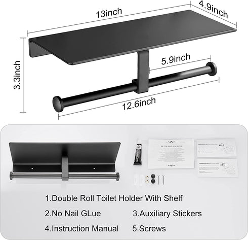 DUFU Toilet Paper Holder with Shelf,Anti-Rust Aluminum Double Roll Toilet Paper Holder with Mobile Phone Shelf for Bathroom,Self-Adhesive No Drill or Wall-Mounted with Screws for Bathroom (Matt Black)