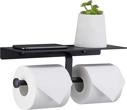 DUFU Toilet Paper Holder with Shelf,Anti-Rust Aluminum Double Roll Toilet Paper Holder with Mobile Phone Shelf for Bathroom,Self-Adhesive No Drill or Wall-Mounted with Screws for Bathroom (Matt Black)
