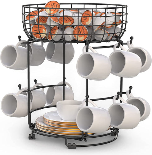 Bextsrack Coffee Mug Holder with Coffee Pod & Saucer Basket Storage, 12 Capacity Cup Mug Holder Tree for Coffee, Glasses and Cups Rust Resistant Mug Rack - Black