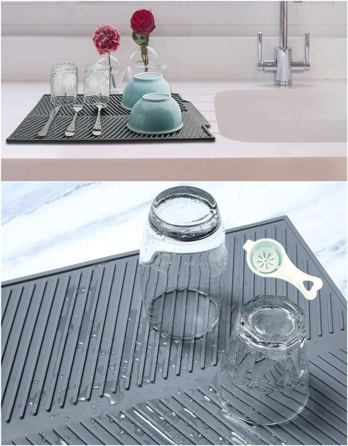 KeepingcooX Non-Slip Silicone Dish Drying Mat. 17 x 13 Inches 0.71 lb - Dish and Glassware Sloped Board Silicone Tray in Grey - Dishwasher, Heat Resistant Trivet (Large)