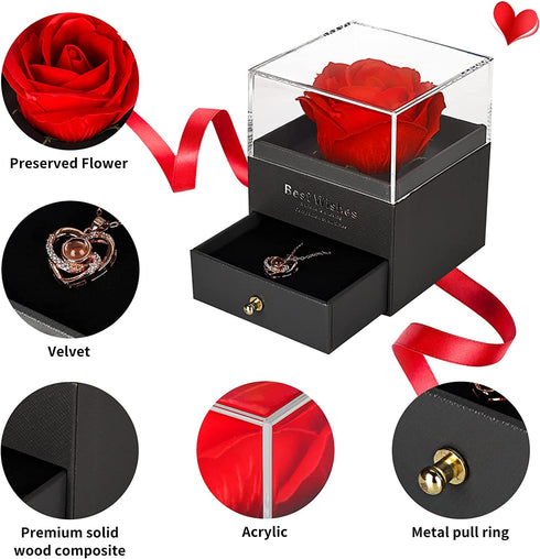 Qrytoi Real Preserved Rose, Eternal Rose Gift Box with 100 Kinds of Love Language Heart Necklace Enchanted Rose Flower Gifts for Her on Mothers Day Valentines Day Anniversary Christmas Birthday Gifts