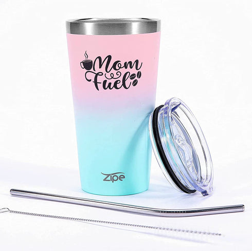 Zipe - 16 oz Tumbler with Spill-Resistant Lid, Insulated Tumbler for Hot and Cold Drinks, €œMom Fuel Coffee Tumbler, Travel Cup with Straw and Cleaner, Shimmer Mermaid Ombre