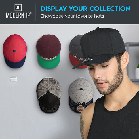 Modern JP Adhesive Hat Hooks for Wall (16-Pack) - Minimalist Hat Rack Design, No Drilling, Strong Hold Hat Hangers - U.S. Patent Pending