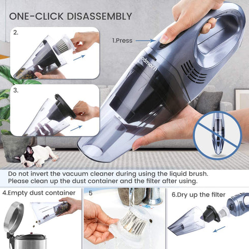 Handheld Vacuum Cordless, Car Vacuum, Rechargeable Hand Vacuum with 6000PA Strong Suction, Portable Mini Vacuum Wet & Dry Use for Car, Home and Office