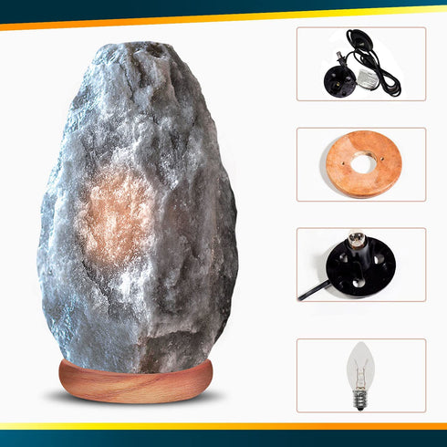 Himalayan Glow Natural Grey Salt Lamp,Night Light,Hand Carved Crystal Salt Lamp with Neem Wooden Base,Salt Lamp Bulb,(ETL Certified) Dimmer Switch | 5-7 LBS (2 Extra Bulbs)