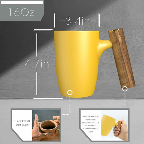 DHPO Artisan Series Coffee Mug Ceramic Cup for Milk, Tea, Juice or Hot Cocoa with Lager Wooden Handle, Tumbler 16oz Porcelain Drinkware ,Gift for Women and Men, Yellow