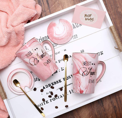 Aunt Gifts from Niece and Nephew - Best Auntie Ever Mug Funny Happy Birthday Presents for Aunty - Pink Marble Ceramic Coffee Cup 14 Oz