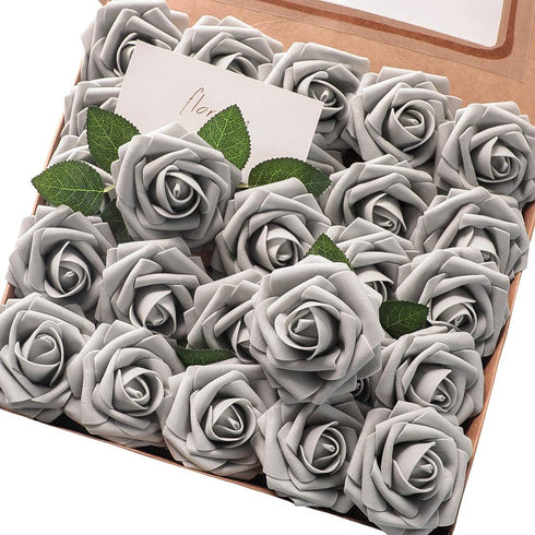 floroom Artificial Flowers 25pcs Real Looking Silver Grey Foam Fake Roses with Stems for DIY Wedding Bouquets Bridal Shower Centerpieces Floral Arrangements Party Tables Home Decorations