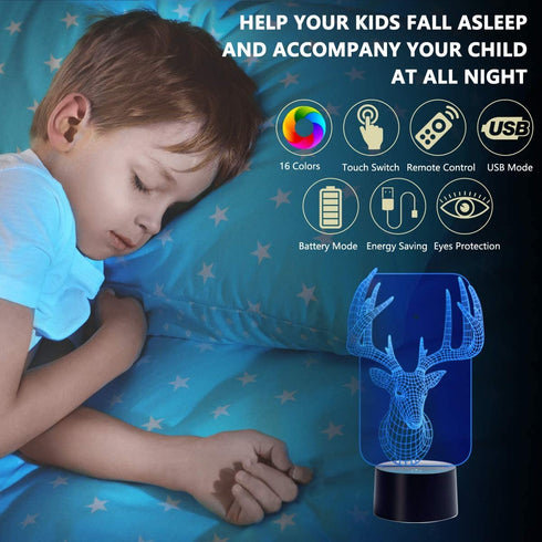 Elk Deer 3D Optical Illusion Night Lights, 7 Color Variations, Smart Touch Button USB and Battery Power, Amazing Creative Art Design for Children's 3192