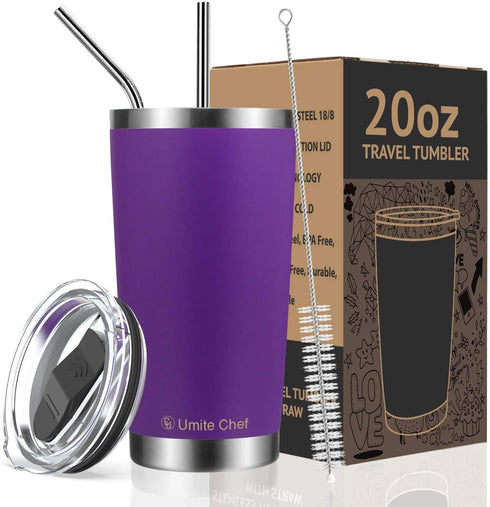 Umite Chef 20oz Tumbler Double Wall Stainless Steel Vacuum Insulated Travel Mug with Lid, Insulated Coffee Cup, 2 Straws, for Home, Outdoor, Office, School, Ice Drink, Hot Beverage ?20 oz, Purple)