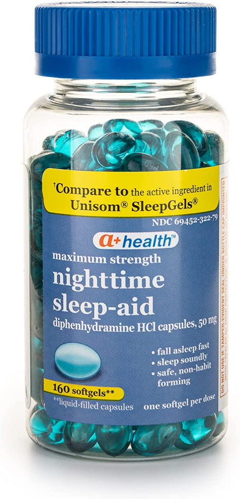 A+Health Nighttime Sleep Aid Diphenhydramine 50 mg Softgels Maximum Strength Made in USA, 160 Count