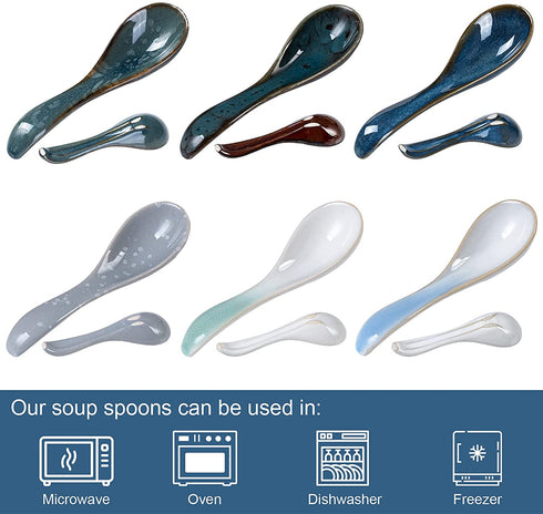HOKELER Ceramic Asian Soup Spoons 5.6 inch Chinese Japanese Soup Spoon for Ramen Pho Miso Wonton, Set of 6 (6 Colors)