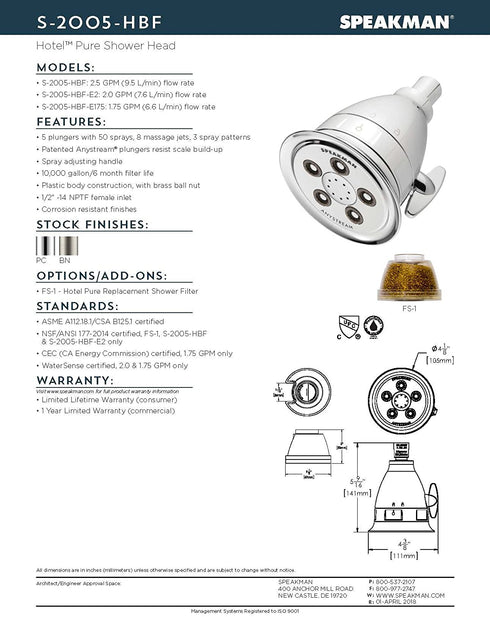 Speakman FS-1 Hotel Replacement Shower Filter for Pure and Clean Bathing Experience, Clear