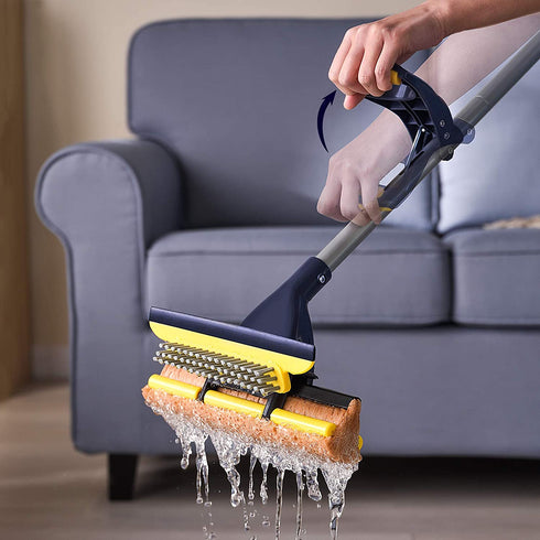 Yocada Sponge Mop Home Commercial Use Tile Floor Bathroom Garage Cleaning with Squeegee and Extendable Telescopic Long Handle 41-53 Inches Easily Dry Wringing