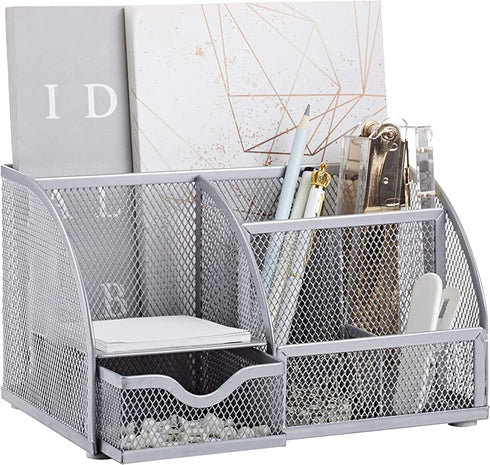 Annova Mesh Desk Organizer Office with 7 Compartments + Drawer/Desk Tidy Candy/Pen Holder/Multifunctional Organizer - Silver - Grey