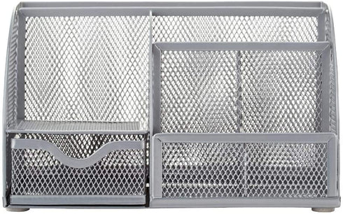 Annova Mesh Desk Organizer Office with 7 Compartments + Drawer/Desk Tidy Candy/Pen Holder/Multifunctional Organizer - Silver - Grey