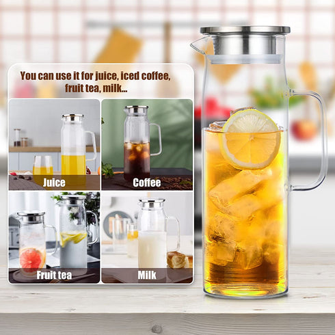 Glass Pitcher with Stainless Steel Lid, ANZUSY 48 Ounces/1.4 Litre Water Carafe with Handle Coffee Glass Jug for Iced Tea, Hot/Cold Water, Coffee, Juice, Milk, Lemonade & Cold Brew