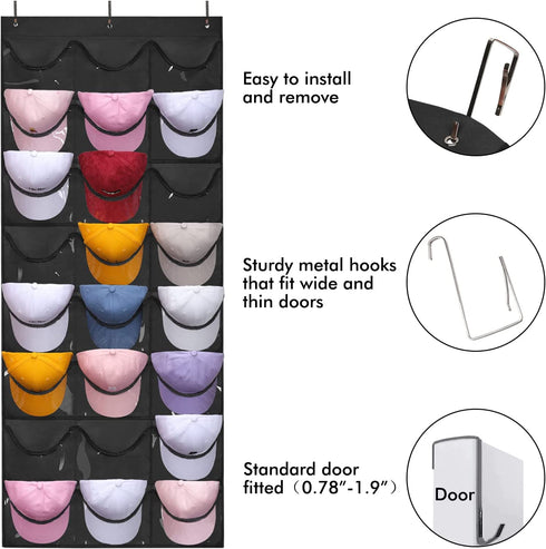Melpler Hat Rack Hat Organizer,Hat Racks for Baseball Caps,Hat Organizer for Baseball Caps,Hat Storage with 24 Clear Deep Pockets,Hat Rack for Wall/Door Complete with Over Door Hooks(Black)