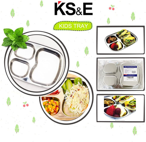 Korean Stainless Steel Divided Plates by KS&E, Kids Toddlers Babies Tray, BPA Free, Diet Food Control, Camping Dishes, Compact Serving Platter, Dinner Snack, 3 Compartment Plate Silver, Set of 2