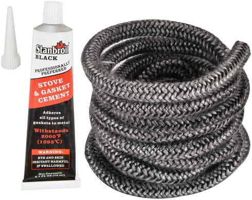 Stanbroil Graphite Impregnated Fiberglass Rope Seal and High Temperature Cement Gasket Kit Replacement for Wood Stoves - 1/4" x 84"
