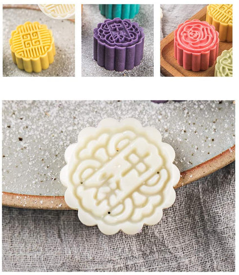 Moon Cake Mold 6 PCS, Mid Autumn Festival DIY Hand Press Cookie Stamps Pastry Tool Moon Cake Maker, Flower Mode Patterns 1 Mold 6 Stamps 50g (White).