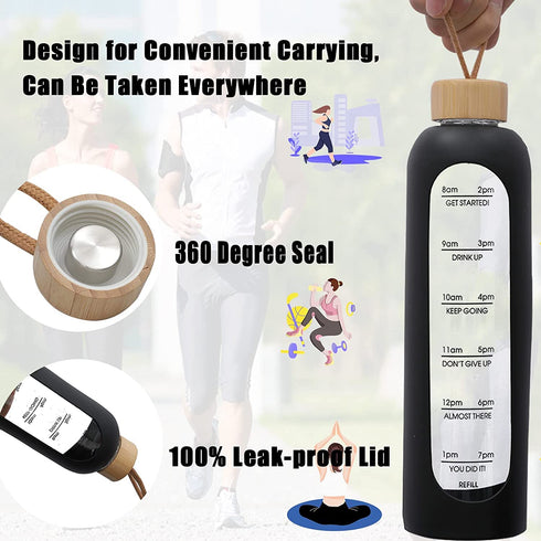 Water Bottles with Times to Drink, 32oz Water Bottle with Time Marker, Glass Water Bottles with Silicone Sleeve, Leak Proof Water Drinking Bottle - BPA Free, Bamboo Lid, for Fitness and Outdoor Sports