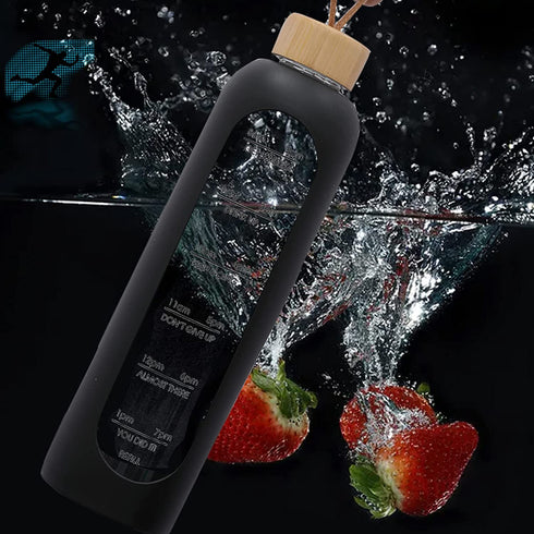 Water Bottles with Times to Drink, 32oz Water Bottle with Time Marker, Glass Water Bottles with Silicone Sleeve, Leak Proof Water Drinking Bottle - BPA Free, Bamboo Lid, for Fitness and Outdoor Sports