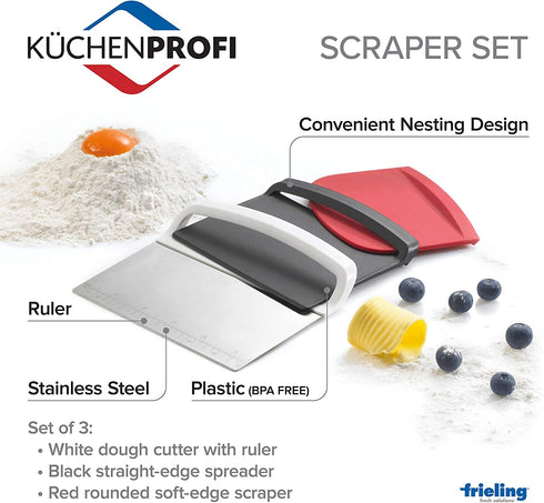 K¼chenprofi Set: Dough Cutter, Curved and Flat Edge Scraper, Set of 3, Black/Stainless/Red, 3 Einheiten
