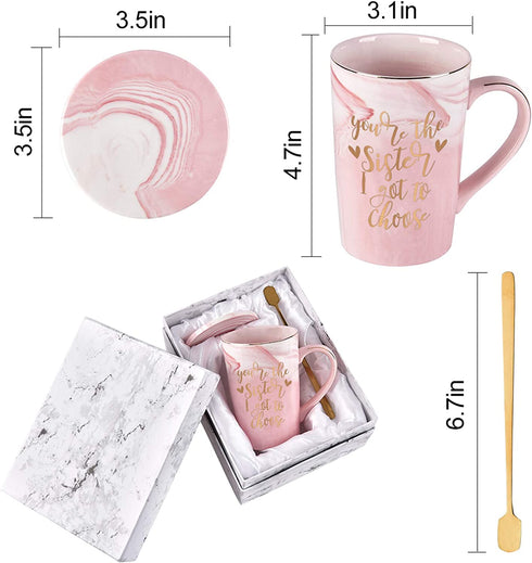 Gift for Sister - You Are The Sister I Got to Choose Coffee Mug - Sister Birthday Christmas Gift from Sister - Sister in Law Gifts - Marble Sister Mug with Spoon Coaster Gift Box 14 Oz Pink