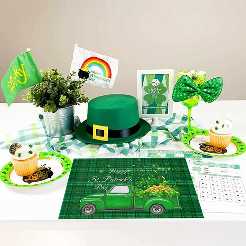 WARM TOUR Placemats for Dining Table Set of 4, St. Patrick's Day Green Truck and Lucky Clover Table Mats Washable Cotton Linen Non-Slip Green Grid Placemats for Home Kitchen Tables Decoration