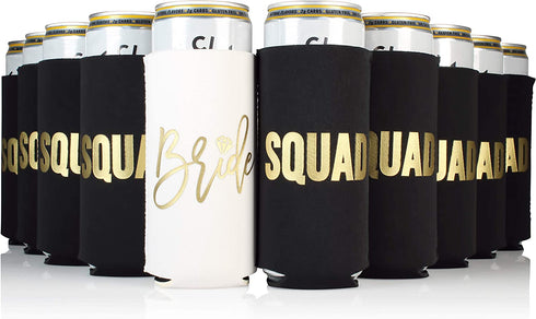 Bachelorette Party Decorations Slim Can Coolers - Bridal Party (Black Squad, 10)