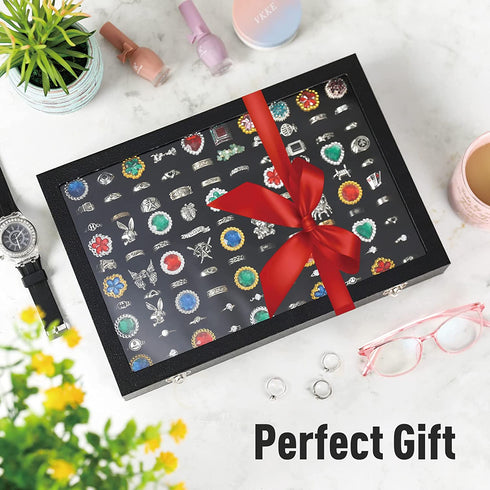 Pangkeep 100 Slots Ring Display Case,Ring Organizer Box,Jewelry Tray Storage Organizer Case with Glass Lid(Black Velvet).