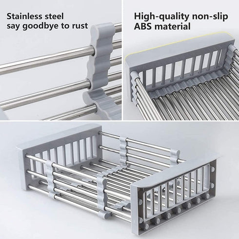 Expandable Stainless Steel Dish Drying Rack, Telescopic Drain Basket Over Sink Organizer for Vegetable, Fruit and Tableware (Grey)