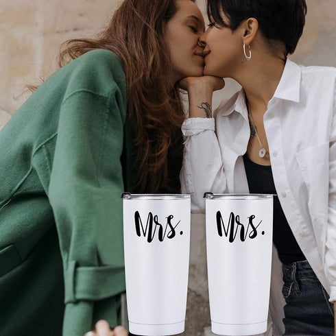 Cpskup Mrs and Mrs Travel Tumbler Set, Lesbian Couple Gifts for Women, Engagement Wedding Valentine™s Day LGBT Gifts for Girlfriend Wife Fiancée, 20 Oz Stainless Steel Travel Tumbler with Lids, White
