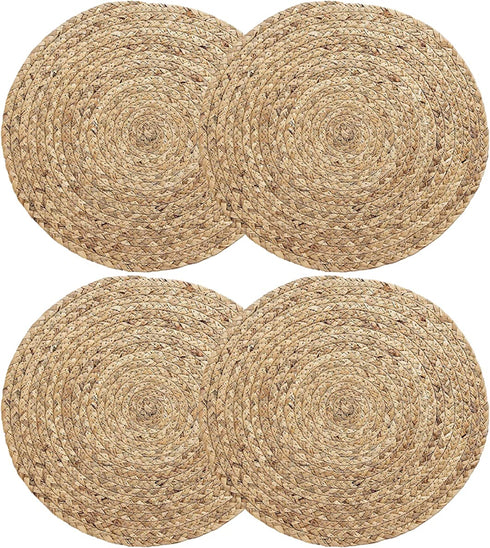 4 Pack Woven Placemats-Natural Wicker Placemat-Round Braided Place Mats Water Hyacinth Tablemats-Heat Resistant Non-Slip Wicker Chargers for Wedding Holiday Dinner(13.8 inch)