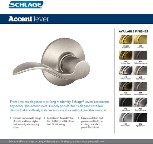 Schlage F170 ACC 716 CAM LH Left Handed Accent Door Lever with Camelot Trim, One Sided Non-Turning Dummy Door Handle, Aged Bronze