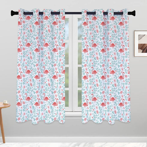 QIYI Pink Flamingos Flock Blackout Curtain Panels, 2 Panel Sets Summer Aqua Blue Green Leaf Thermal Insulated Treatments Curtains, Home D©cor Window Drapes for Living Room Girls Bedroom, 52 x 84 Inch