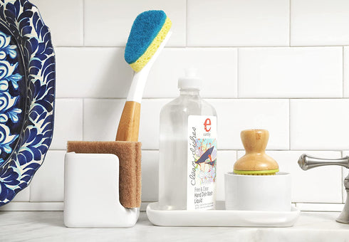 Full Circle Bubble Up Ceramic Soap Dispenser & Bamboo Handle Dish Brush Replaceable Kitchen Dish Scrubber with Soap Holder, Green