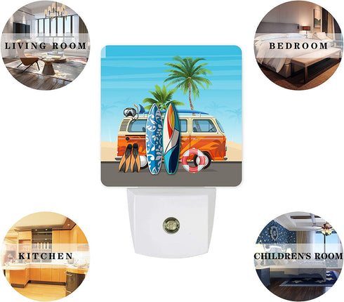 Bus Surfboard Palm Tree Plug-in Night Light Lamp with Sensor, Wall LED Nightlights Auto Dusk to Dawn Sensor for Bedroom,Baby Nursing,Bathroom,Kitchen,Hallway,Stairs, Home Decorative Summer Beach