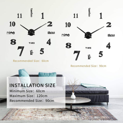 SOLEDI Wall Clock for Living Room Decor Large Modern Wall Clock for Blank Wall Easy to Assemble, Adjustable Size, Frameless DIY 3D Mirror Wall Clock Sticker (Black)