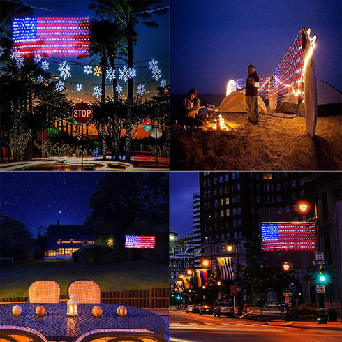 American Flag Lights, 6.56ft x 3.28ft Red White Blue Led Flag Lights, 390 LED Flag Net Lights with 8 Modes for Independence Day, Memorial Day, Christmas Day, Festival Decorations