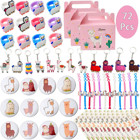 Llama Birthday Party favors Supplies Set - Llama Bracelets, Rings, Tattoos, Badges, KeyChains and Goodie bags for Classroom Rewards Carnival Prizes Set Gifts for Kids Girls - Serve 12 Guests -72Pcs