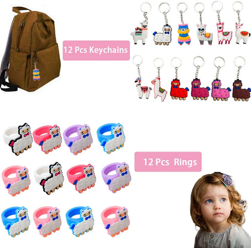 Llama Birthday Party favors Supplies Set - Llama Bracelets, Rings, Tattoos, Badges, KeyChains and Goodie bags for Classroom Rewards Carnival Prizes Set Gifts for Kids Girls - Serve 12 Guests -72Pcs