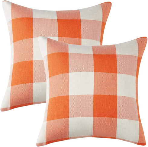 Anickal Set of 2 Orange and White Buffalo Check Plaid Pillow Covers Farmhouse Rustic Decorative Square Throw Pillow Covers Cushion Case 22x22 Inch for Home Sofa Couch Decor