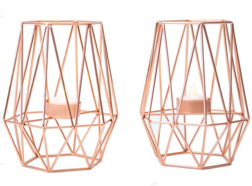 Lanlong 2-Piece Metal Geometric Candlesticks, Tealight Candle Holders, Home Decor Candleholders, Geometry Candleholder Centerpieces, Table Centerpiece Candlesticks (Rose Gold L)
