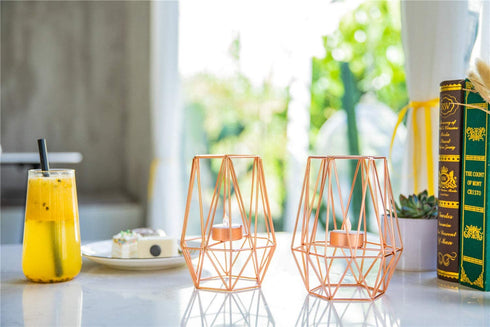 Lanlong 2-Piece Metal Geometric Candlesticks, Tealight Candle Holders, Home Decor Candleholders, Geometry Candleholder Centerpieces, Table Centerpiece Candlesticks (Rose Gold L)