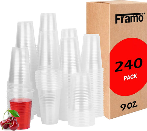 9 Oz Clear Plastic Cups by Framo, For Any Occasion, BPA-Free Disposable Transparent Ice Tea, Juice, Soda, and Coffee Glasses for Party, Picnic, BBQ, Travel, and Events, (240, clear)