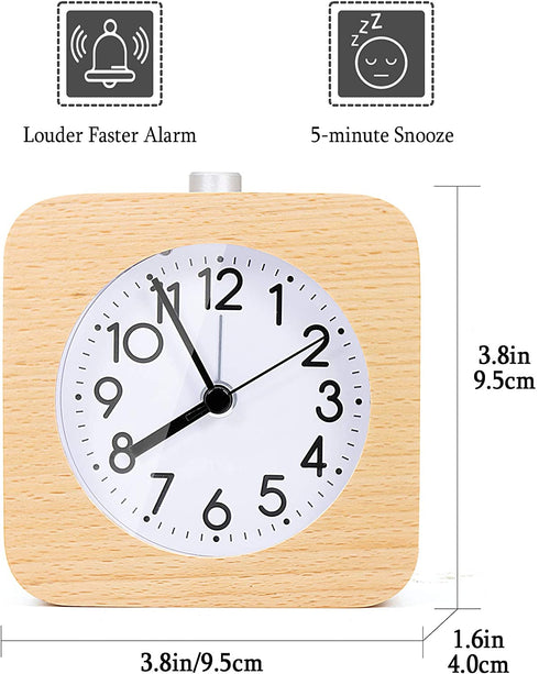 Reynoe 4 Inch Wooden Analog Alarm Clock Battery Operated Non-Ticking with Snooze Button,Night Light,Gentle Wake