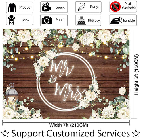 Allenjoy White Floral Mr & Mrs Engagement Decorations Backdrop Couples Wedding Bride and Groom Engaged Ceremony Anniversary Bridal Shower Supplies Photo Booth Background 7x5ft